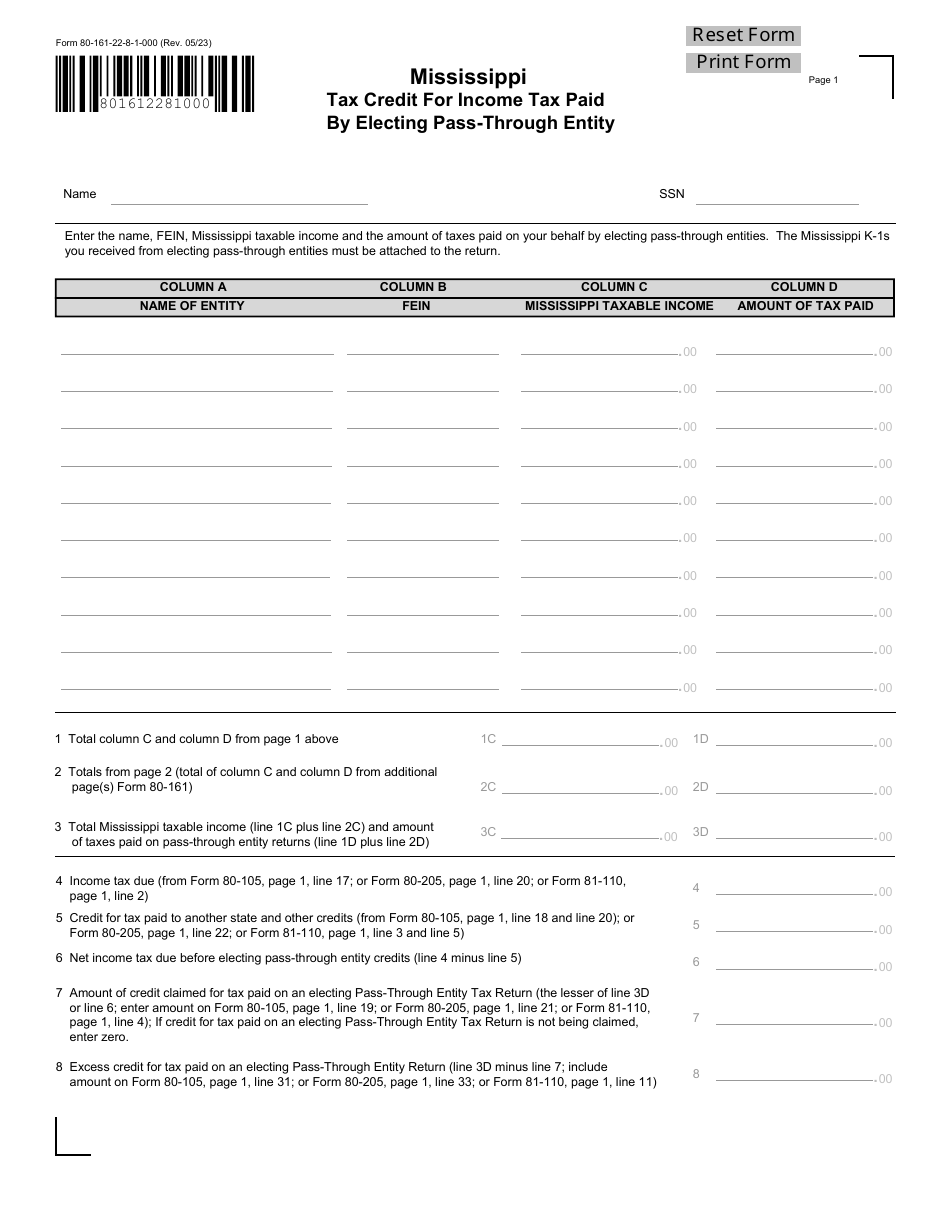 Form 80-161 Mississippi Tax Credit for Income Tax Paid by Electing Pass-Through Entity - Mississippi, Page 1