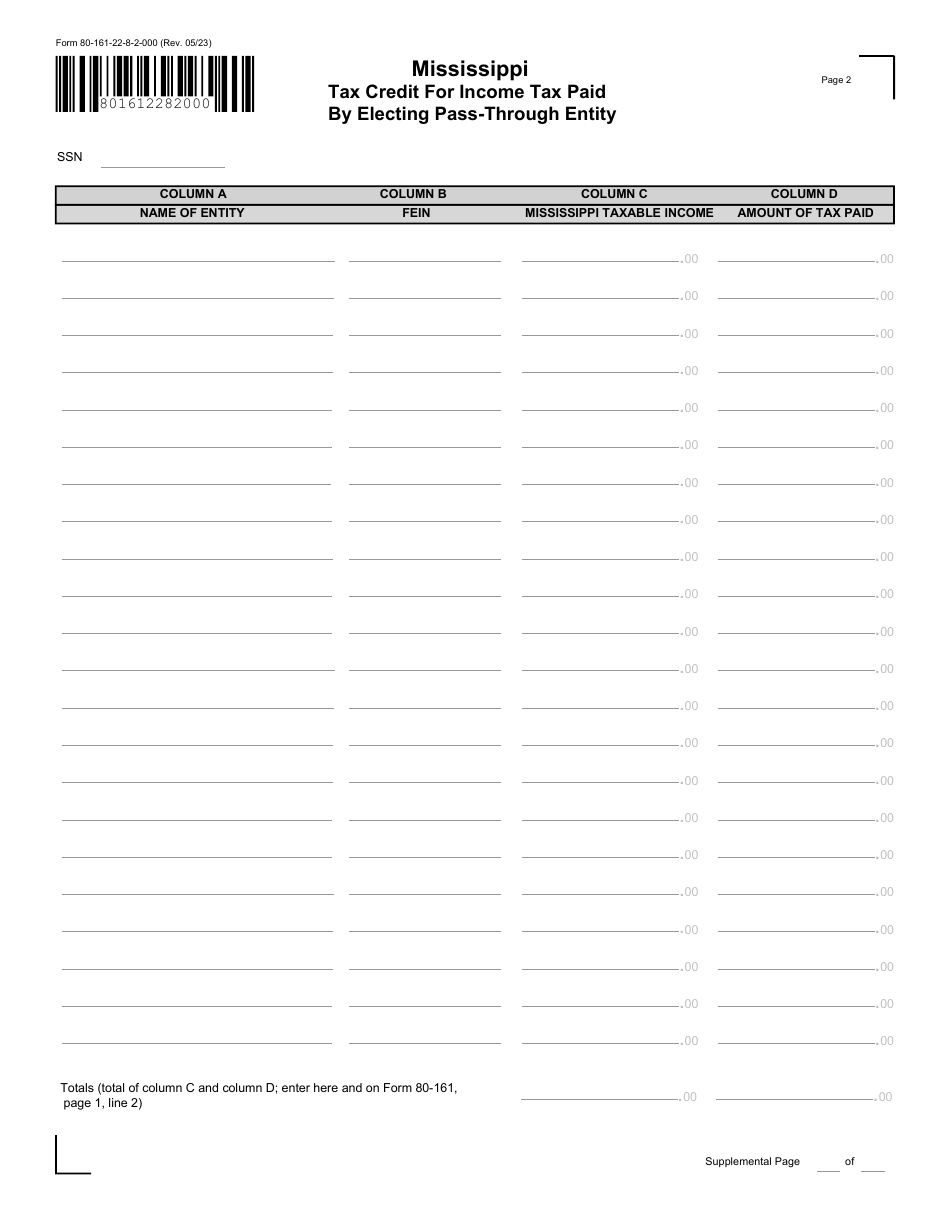 Form 80-161 Mississippi Tax Credit for Income Tax Paid by Electing Pass-Through Entity - Mississippi, Page 2