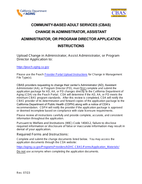 Community-Based Adult Services (Cbas) Change in Administrator, Assistant Administrator, or Program Director Application Instructions - California Download Pdf