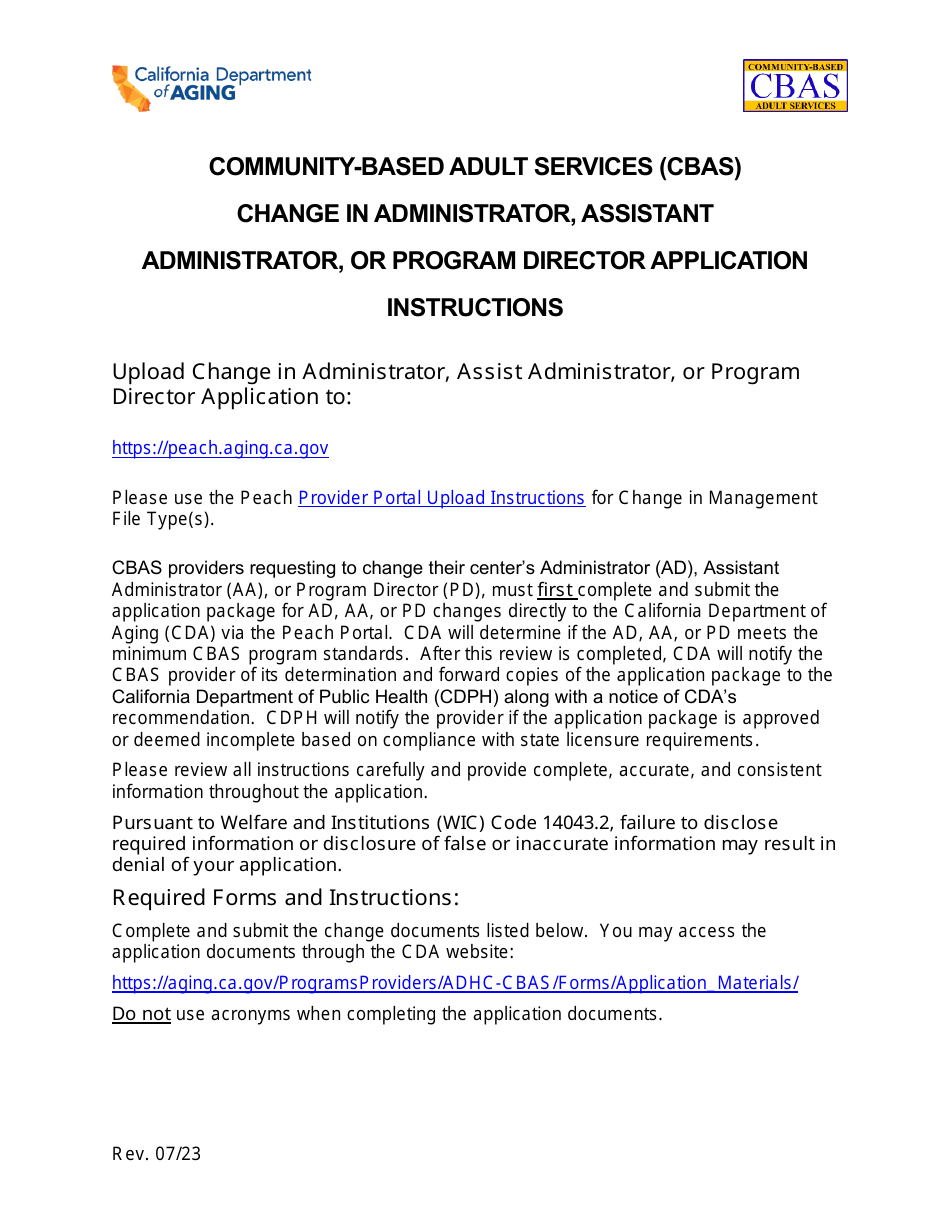 Community-Based Adult Services (Cbas) Change in Administrator, Assistant Administrator, or Program Director Application Instructions - California, Page 1