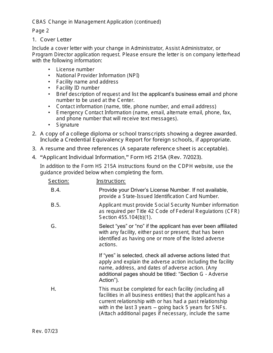 Community-Based Adult Services (Cbas) Change in Administrator, Assistant Administrator, or Program Director Application Instructions - California, Page 2