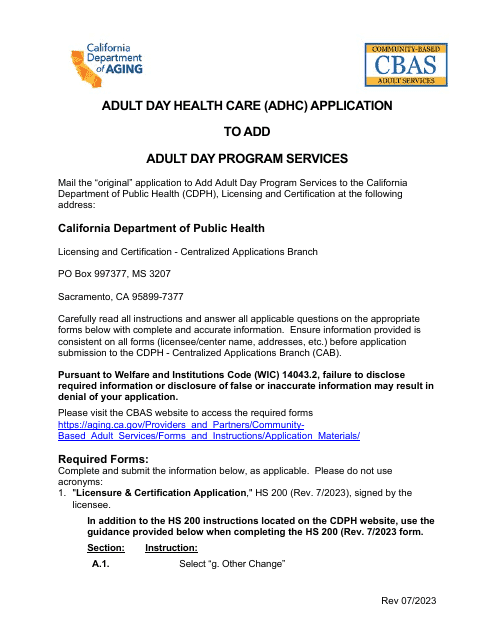 Adult Day Health Care (Adhc) Application to Add Adult Day Program Services - California Download Pdf