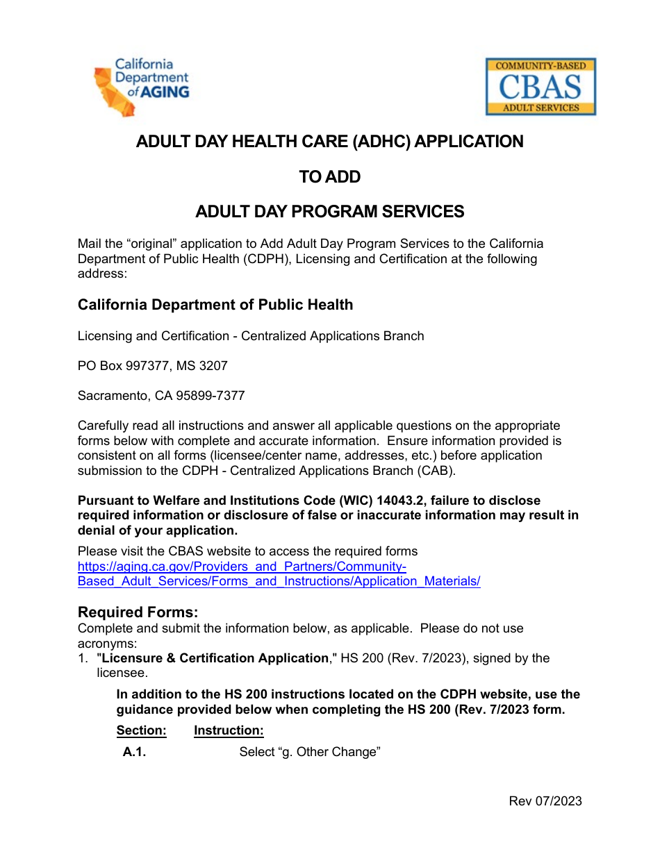 Adult Day Health Care (Adhc) Application to Add Adult Day Program Services - California, Page 1