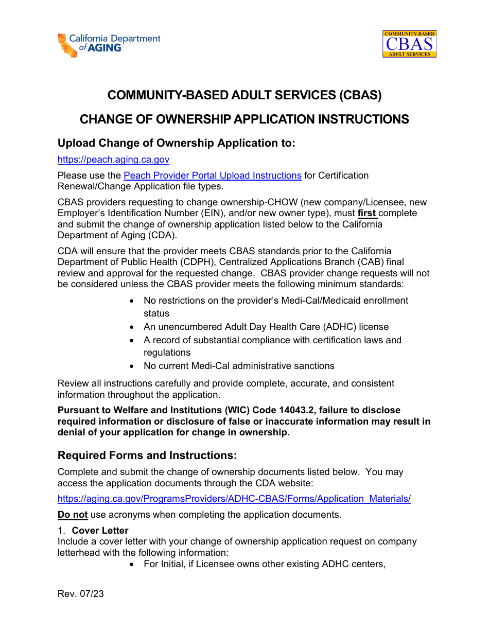 Community-Based Adult Services (Cbas) Change of Ownership Application Instructions - California, Page 1