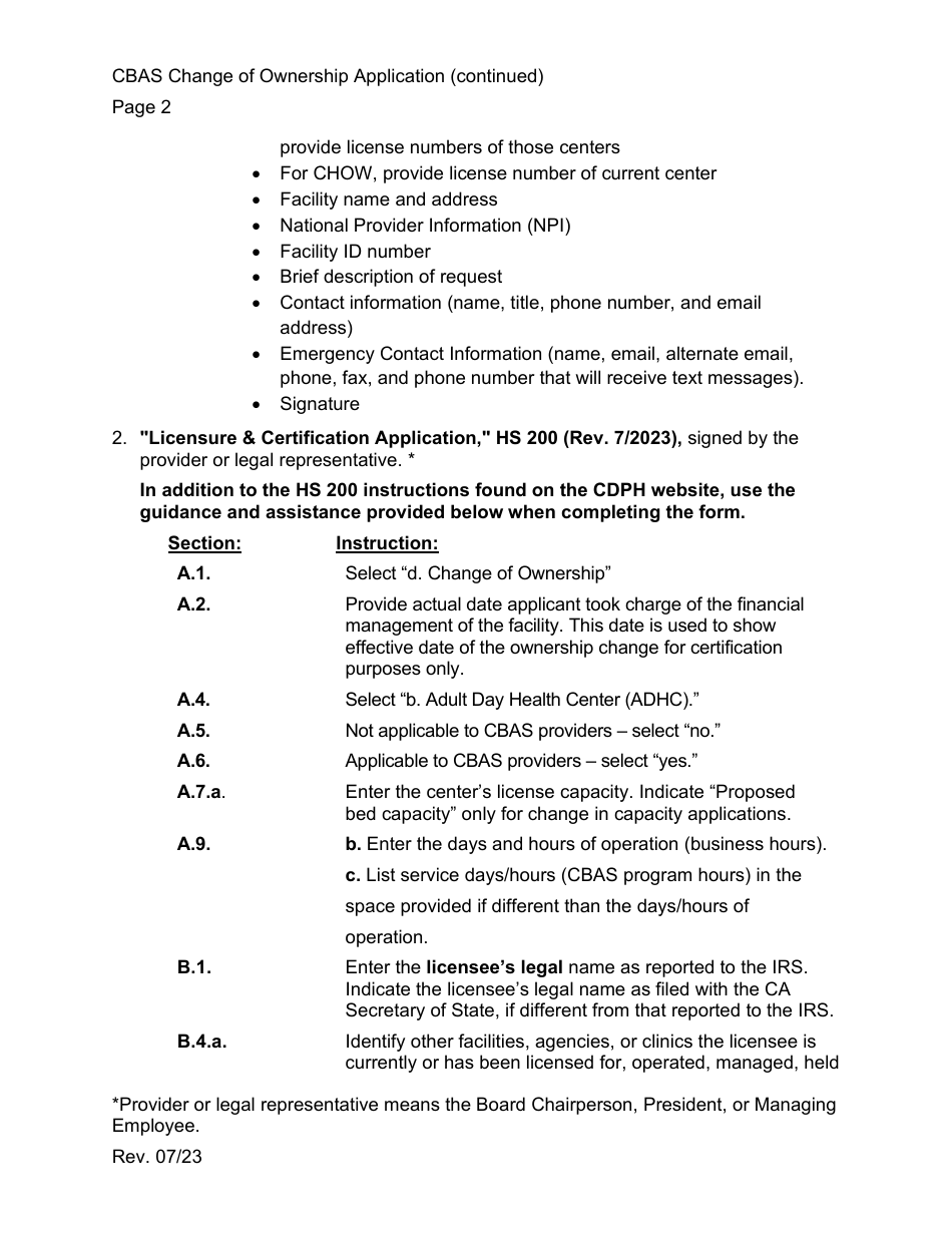 Community-Based Adult Services (Cbas) Change of Ownership Application Instructions - California, Page 2