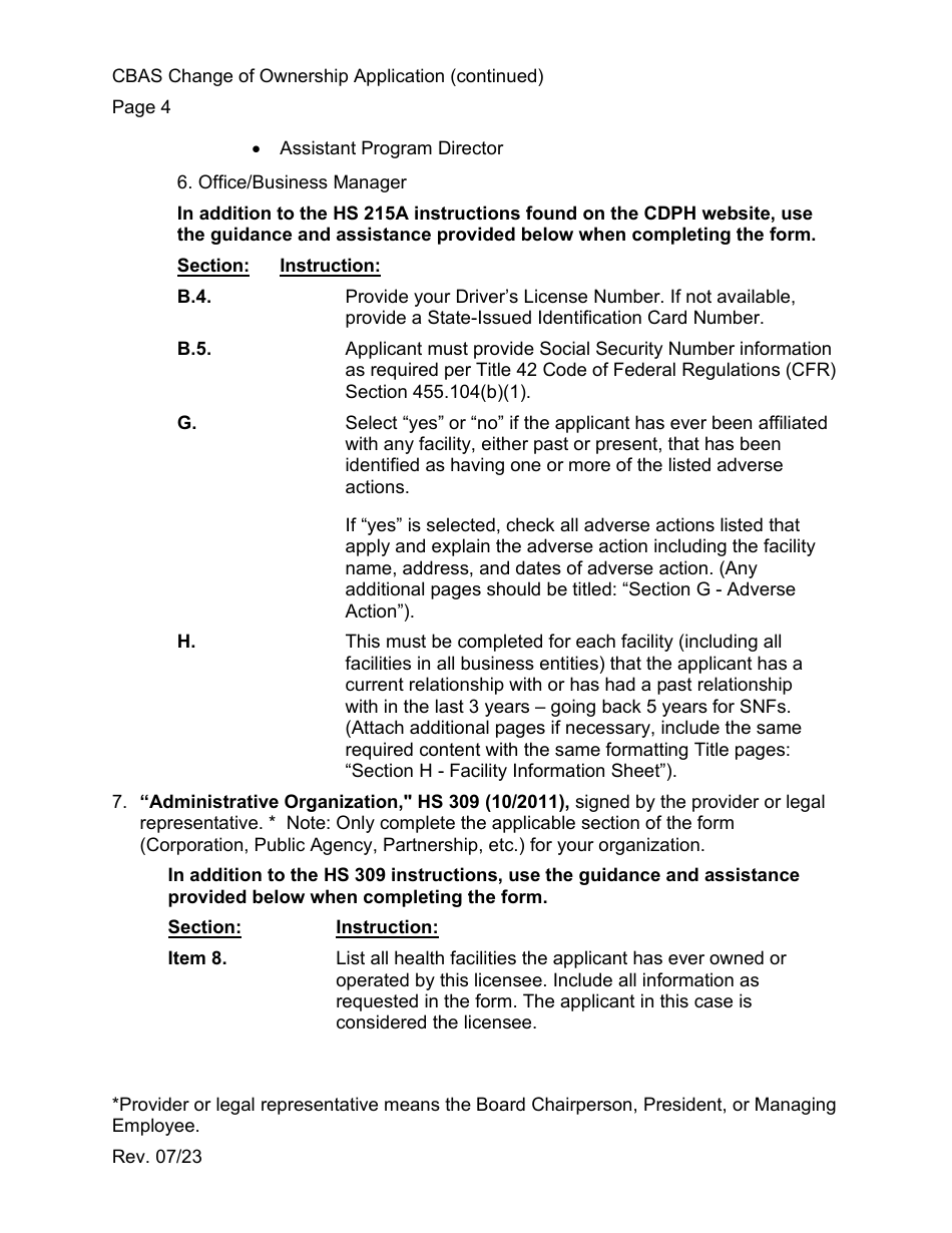 Community-Based Adult Services (Cbas) Change of Ownership Application Instructions - California, Page 4