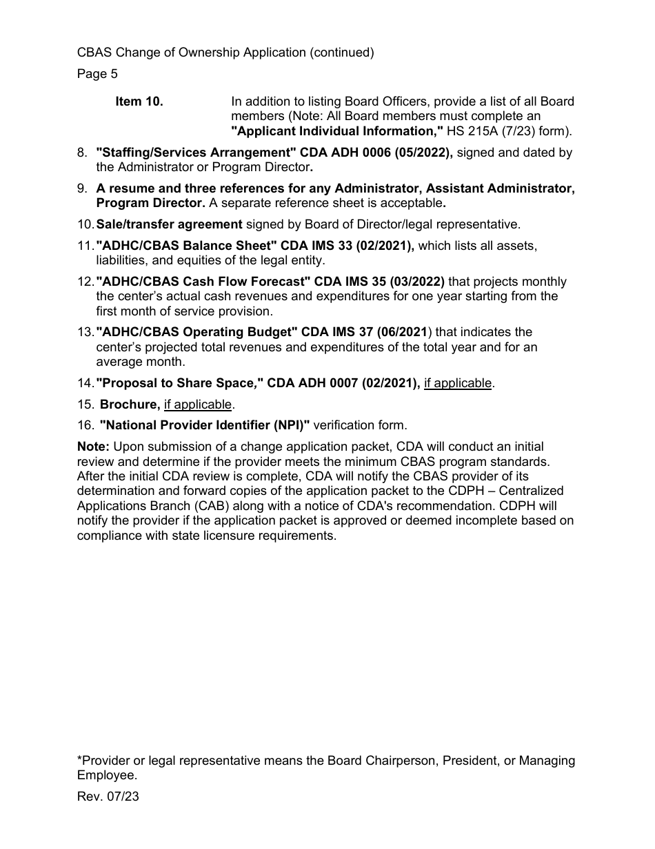 Community-Based Adult Services (Cbas) Change of Ownership Application Instructions - California, Page 5