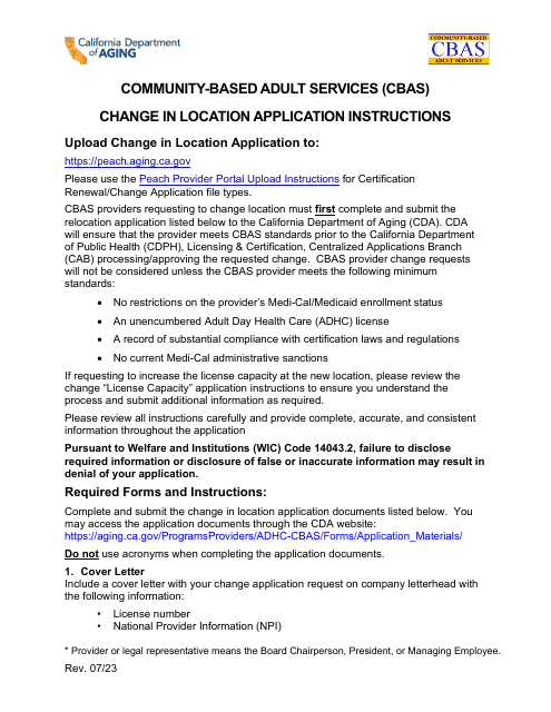 Community-Based Adult Services (Cbas) Change in Location Application Instructions - California Download Pdf