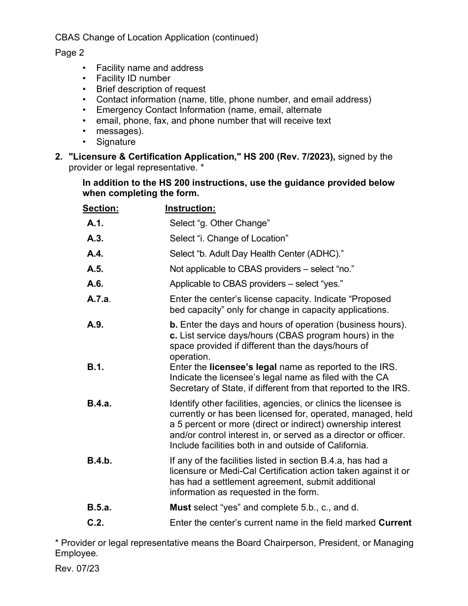 Community-Based Adult Services (Cbas) Change in Location Application Instructions - California, Page 2