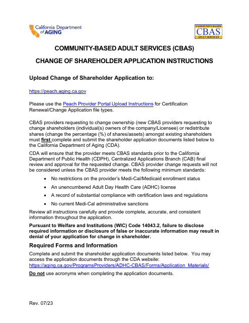 Community-Based Adult Services (Cbas) Change of Shareholder Application Instructions - California Download Pdf