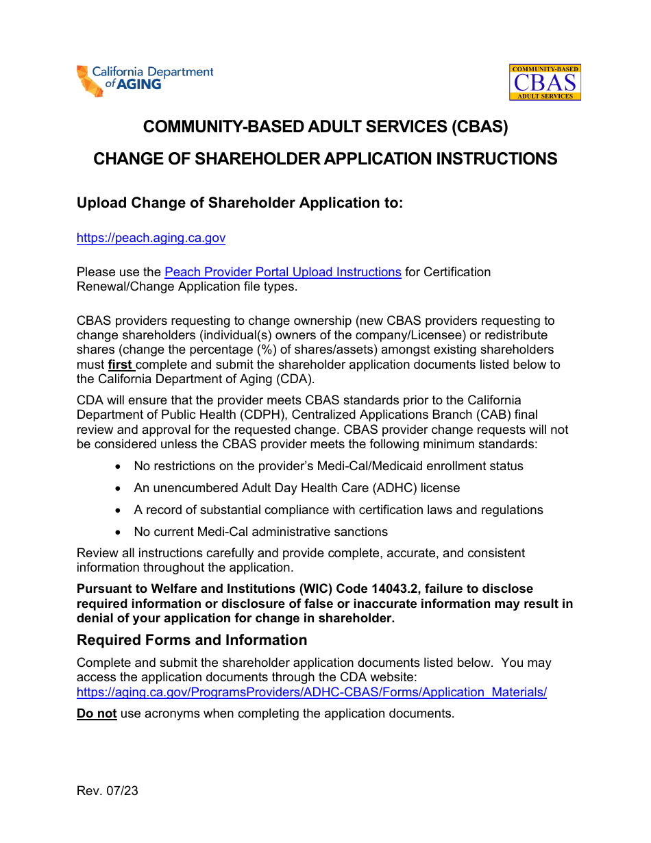 Community-Based Adult Services (Cbas) Change of Shareholder Application Instructions - California, Page 1