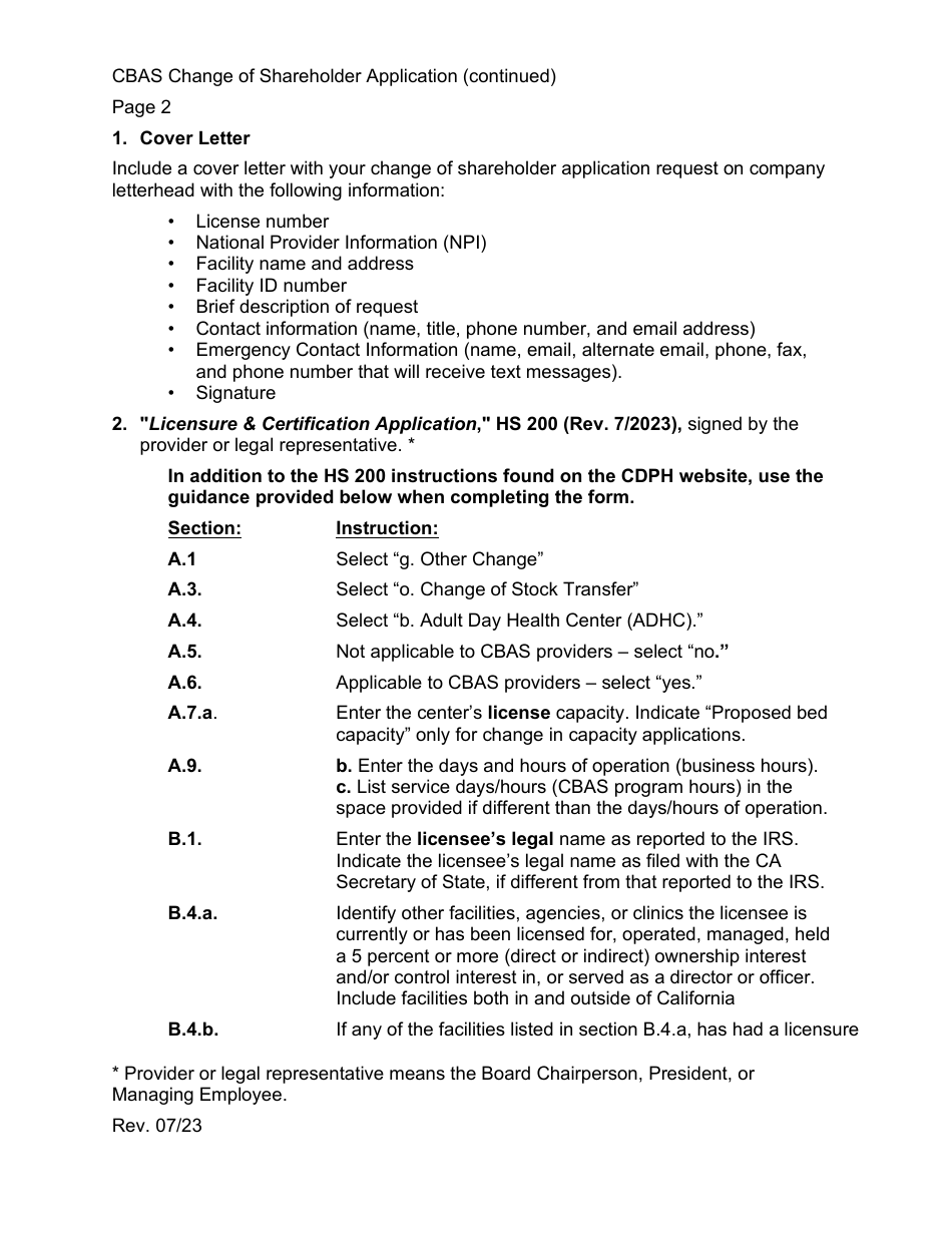 Community-Based Adult Services (Cbas) Change of Shareholder Application Instructions - California, Page 2