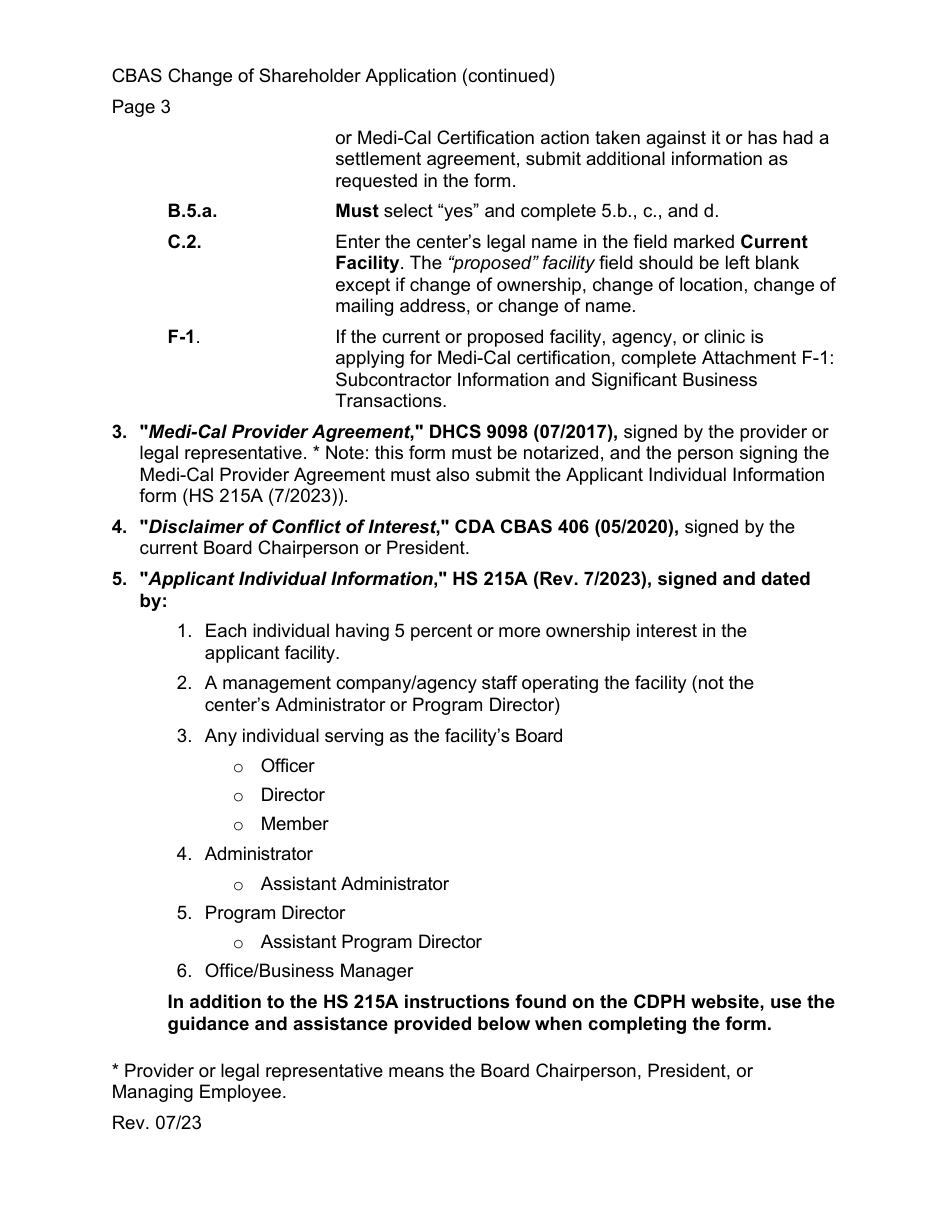 Community-Based Adult Services (Cbas) Change of Shareholder Application Instructions - California, Page 3