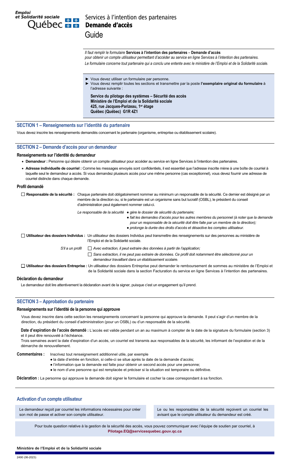 Forme 2490 Services a Lintention DES Partenaires - Demande Dacces - Quebec, Canada (French), Page 1