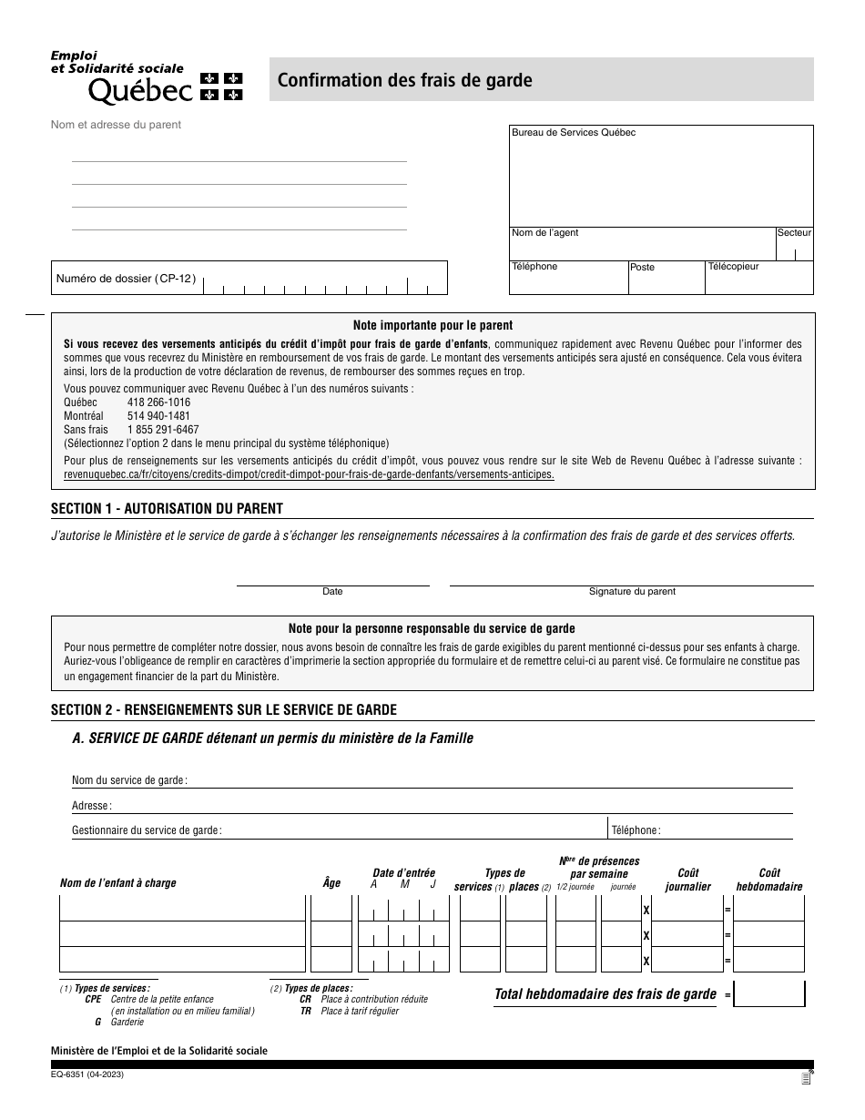 Forme EQ-6351 Confirmation DES Frais De Garde - Quebec, Canada (French), Page 1