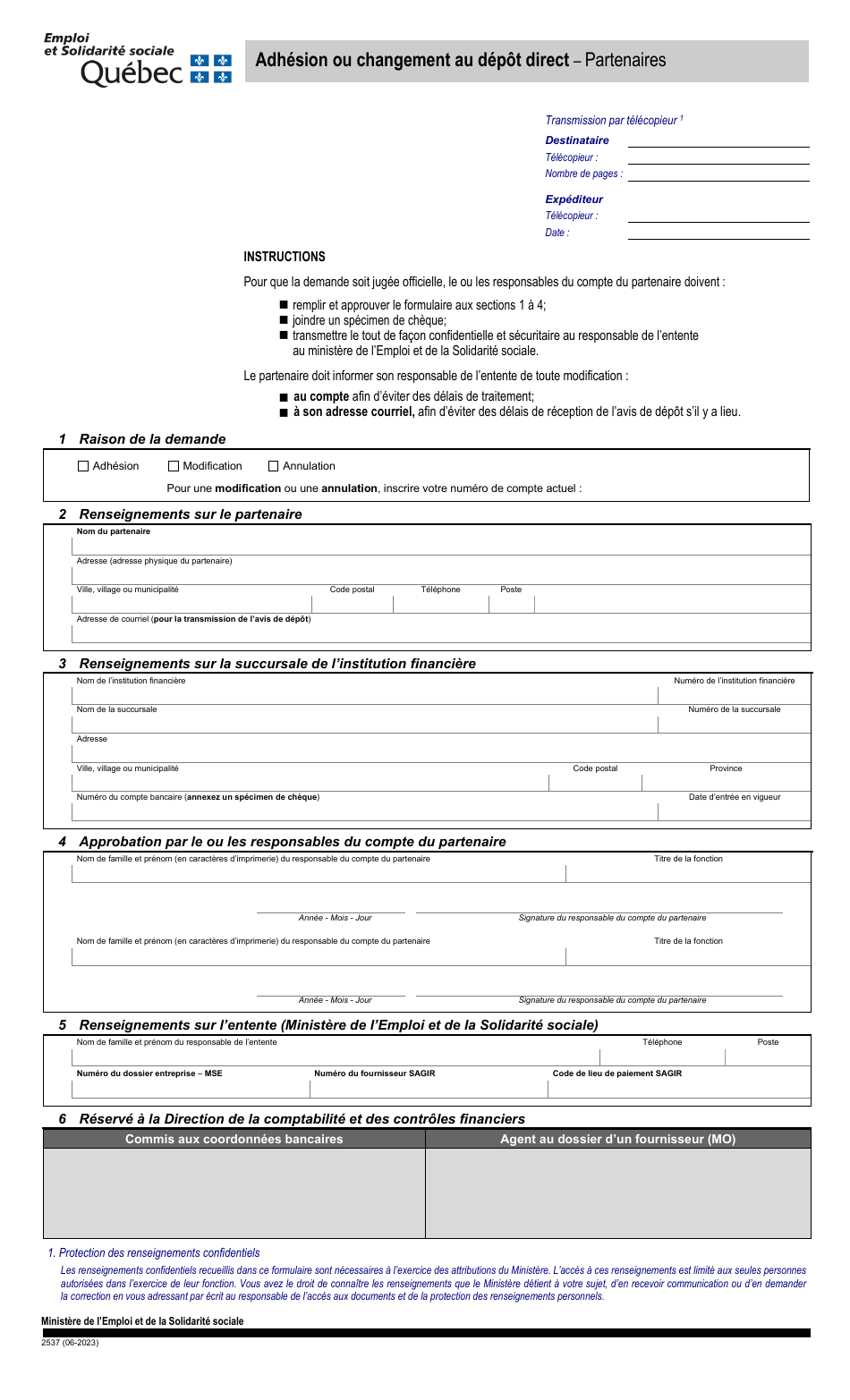 Forme 2537 Adhesion Ou Changement Au Depot Direct - Partenaires - Quebec, Canada (French), Page 1