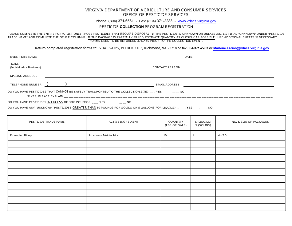 Pesticide Collection Program Registration - Virginia, Page 1