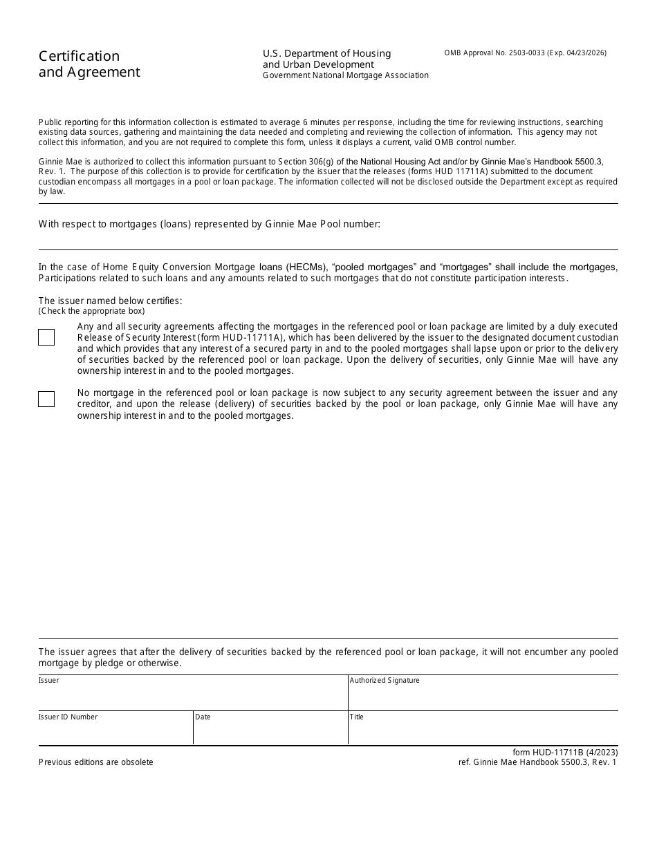 Form HUD-11711B Certification and Agreement, Page 1