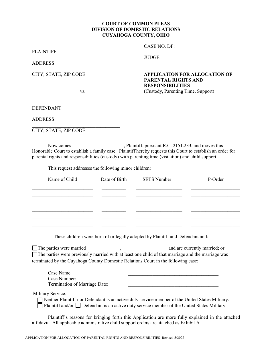 Cuyahoga County, Ohio Application for Parental Rights ...