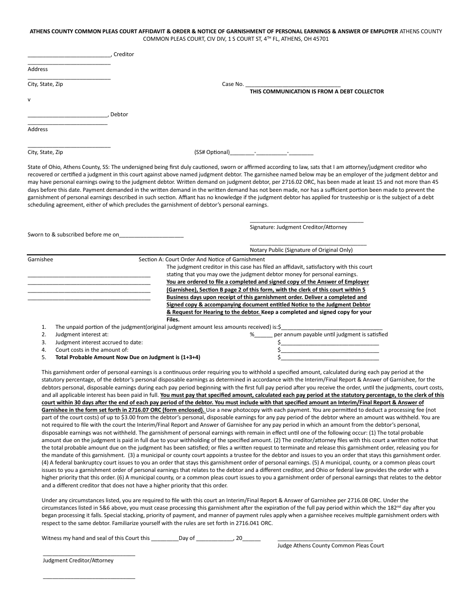 Affidavit  Order  Notice of Garnishment of Personal Earnings  Answer of Employer - Athens County, Ohio, Page 1
