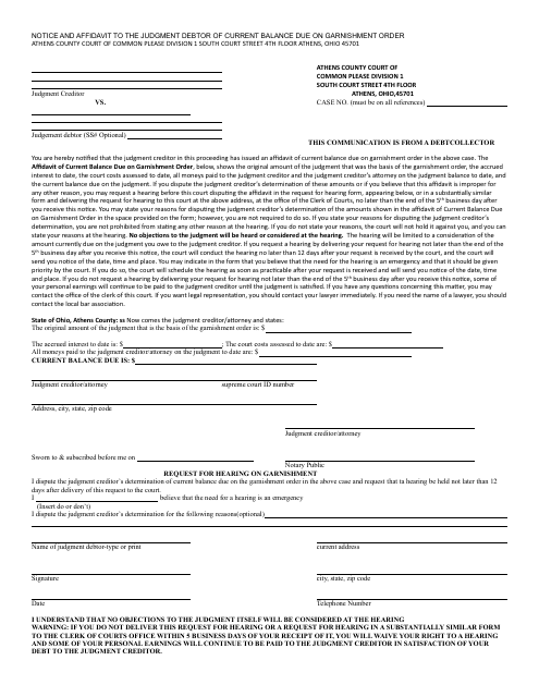 Notice and Affidavit to the Judgment Debtor of Current Balance Due on Garnishment Order - Athens County, Ohio