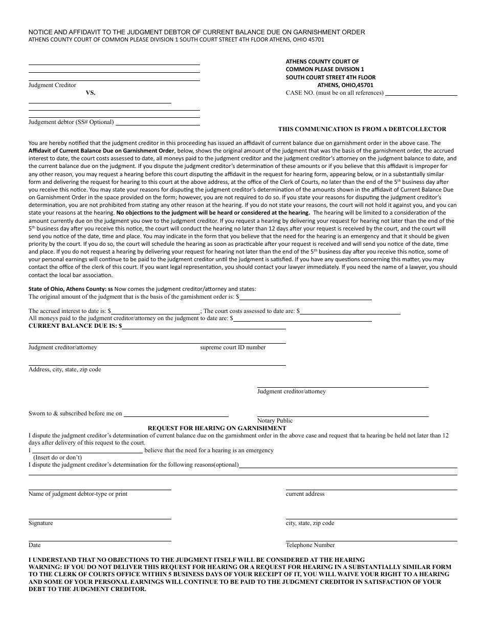 Notice and Affidavit to the Judgment Debtor of Current Balance Due on Garnishment Order - Athens County, Ohio, Page 1