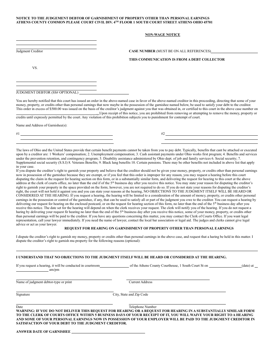 Notice and Affidavit to the Judgment Debtor of Current Balance Due on Garnishment Order - Athens County, Ohio, Page 3