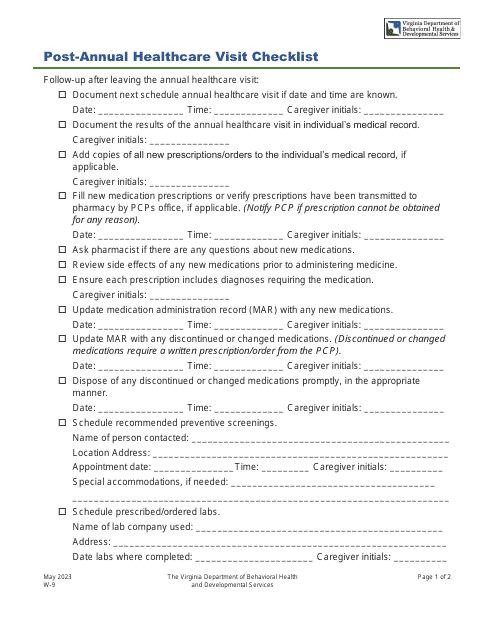 Form W-9 Post-annual Healthcare Visit Checklist - Virginia