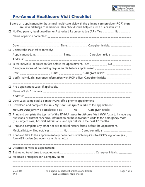 Form W-1 Pre-annual Healthcare Visit Checklist - Virginia