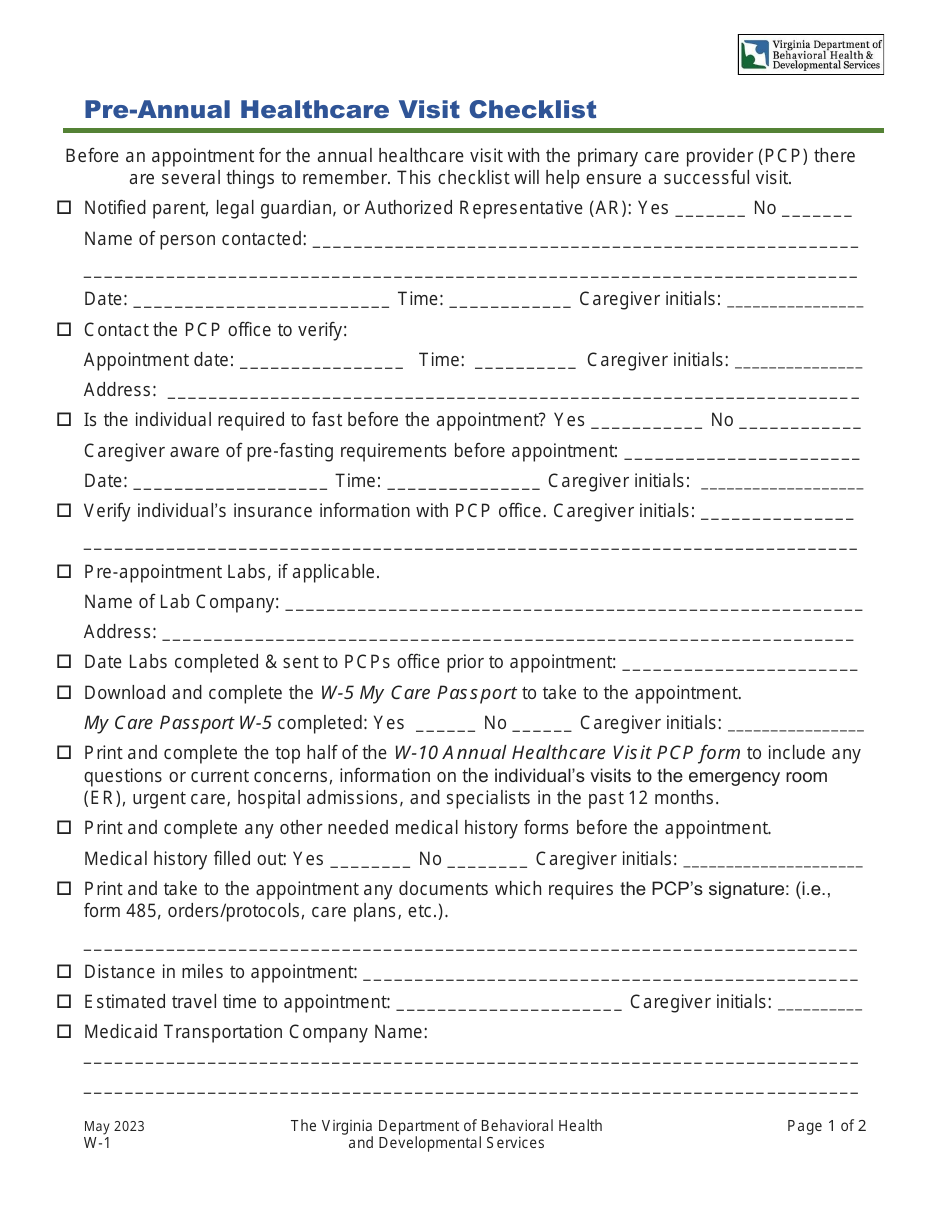 Form W-1 Pre-annual Healthcare Visit Checklist - Virginia, Page 1