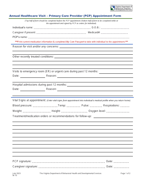 Form W-10 Annual Healthcare Visit - Primary Care Provider (Pcp) Appointment Form - Virginia