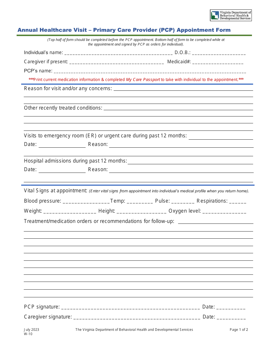 Form W-10 Annual Healthcare Visit - Primary Care Provider (Pcp) Appointment Form - Virginia, Page 1