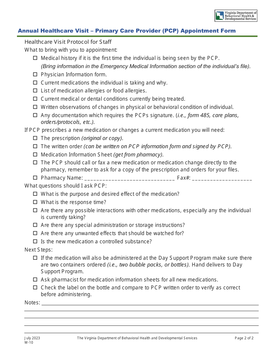 Form W-10 Annual Healthcare Visit - Primary Care Provider (Pcp) Appointment Form - Virginia, Page 2