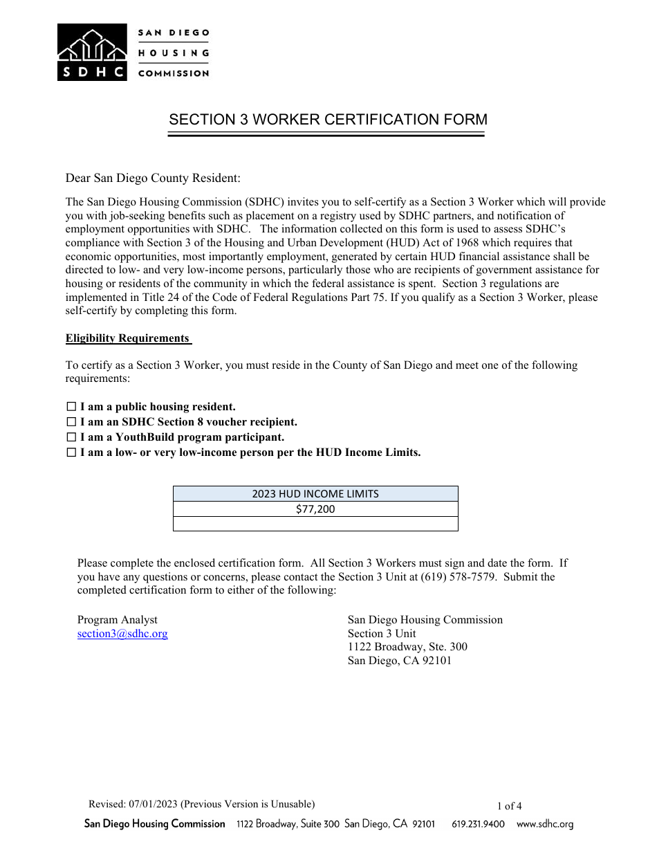 Section 3 Worker Certification Form - City of San Diego, California, Page 1