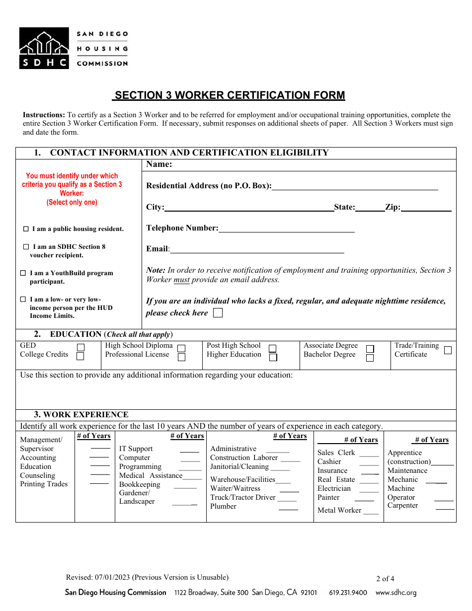 Section 3 Worker Certification Form - City of San Diego, California, Page 2