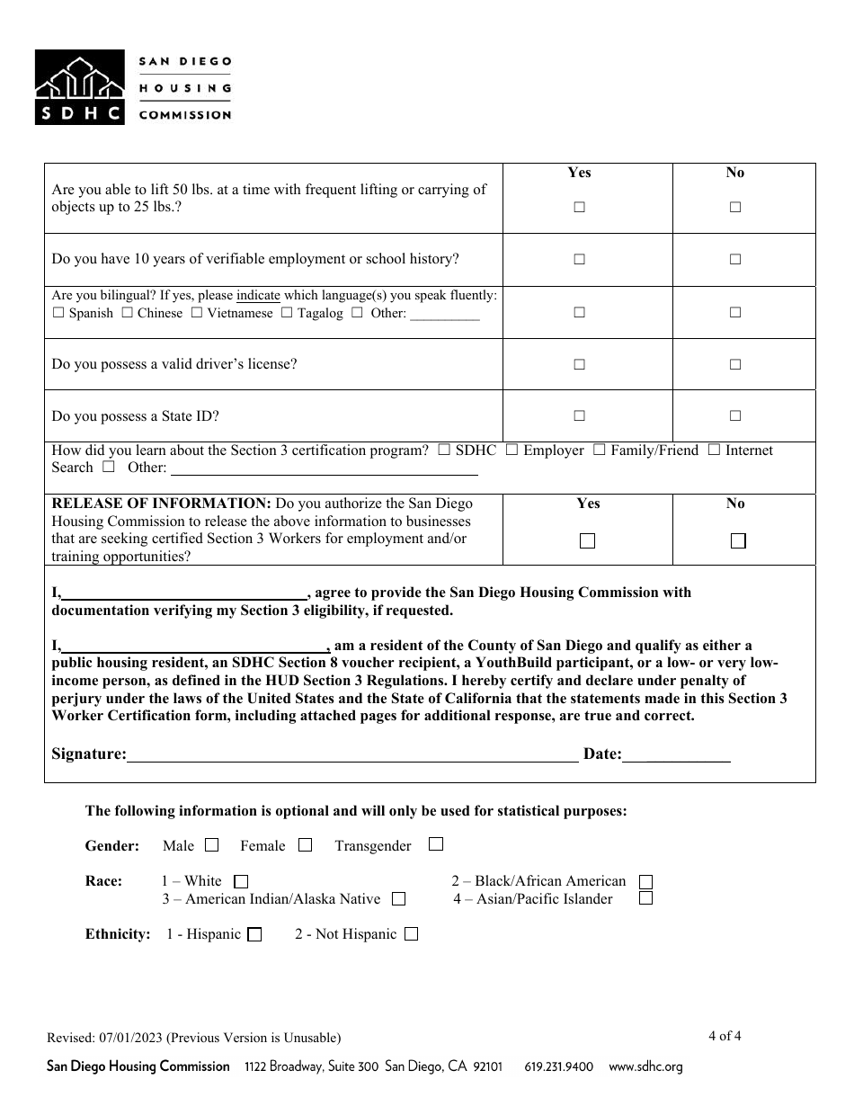 Section 3 Worker Certification Form - City of San Diego, California, Page 4