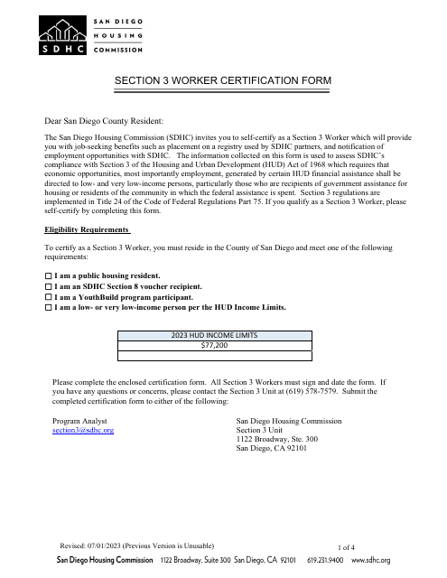Section 3 Worker Certification Form - City of San Diego, California Download Pdf
