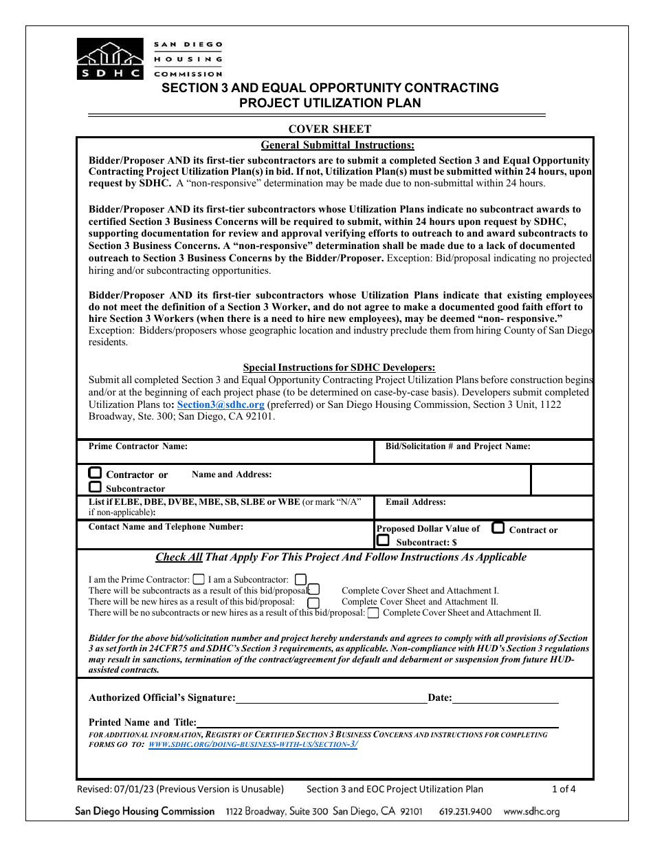 Section 3 and Equal Opportunity Contracting Project Utilization Plan - City of San Diego, California, Page 1
