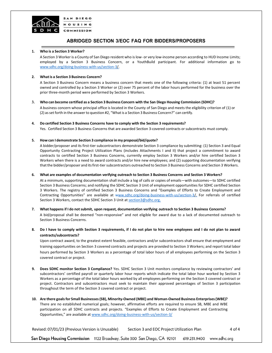 Section 3 and Equal Opportunity Contracting Project Utilization Plan - City of San Diego, California, Page 4