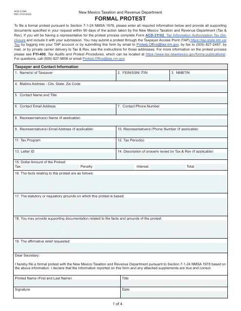 Form ACD-31094 Formal Protest - New Mexico