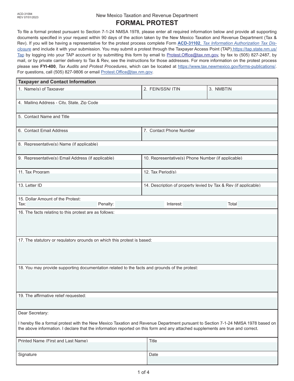 Form ACD-31094 Formal Protest - New Mexico, Page 1