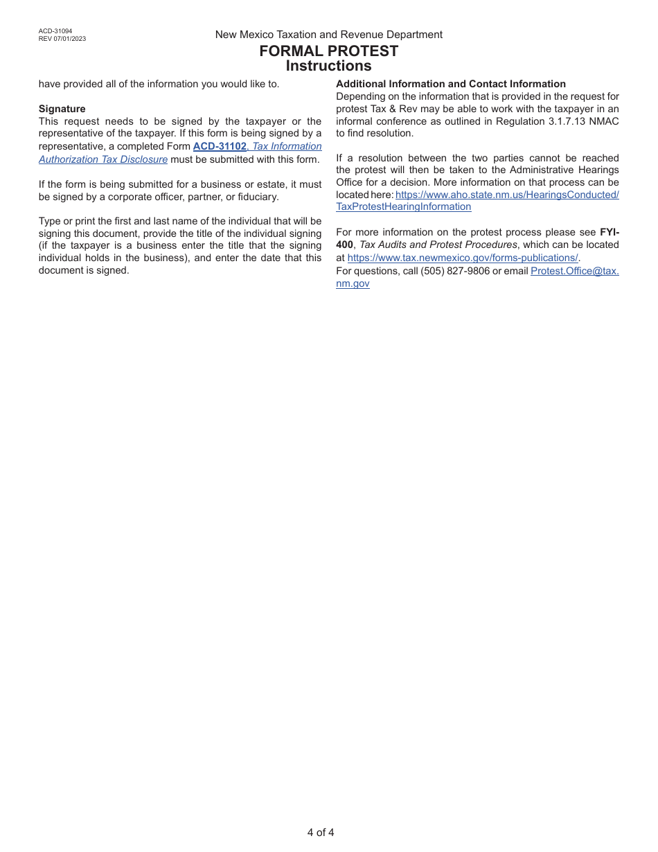 Form ACD-31094 Formal Protest - New Mexico, Page 4