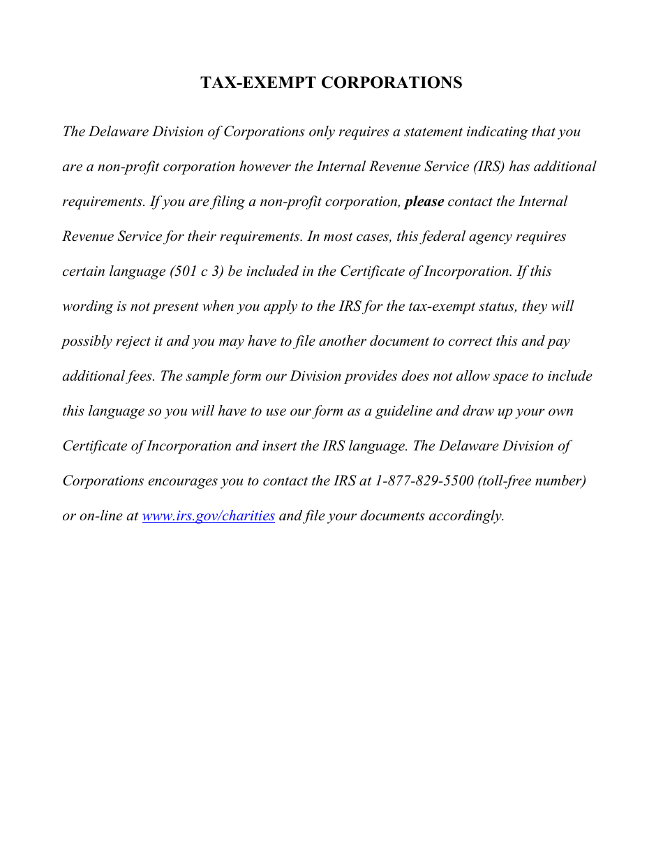 Certificate of Incorporation for Exempt Corporation - Delaware, Page 3