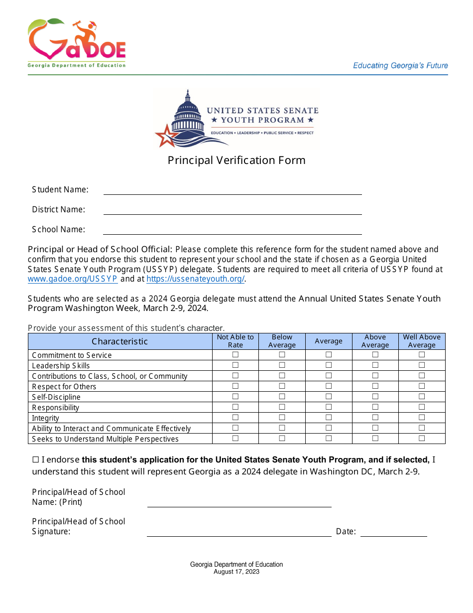 verification Forms - Principal, Counselor, and Parent / Legal Guardian - United States Senate Youth Program - Georgia (United States), Page 1