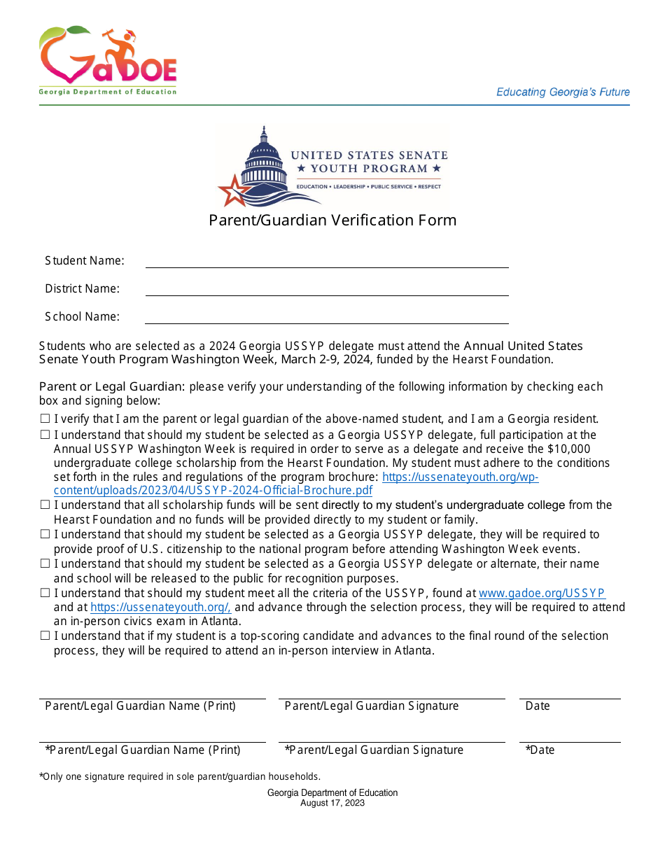 verification Forms - Principal, Counselor, and Parent / Legal Guardian - United States Senate Youth Program - Georgia (United States), Page 3