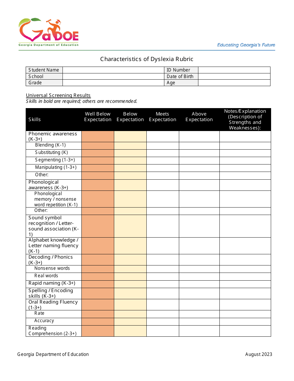 Georgia united states characteristics of dyslexia rubric fill out
