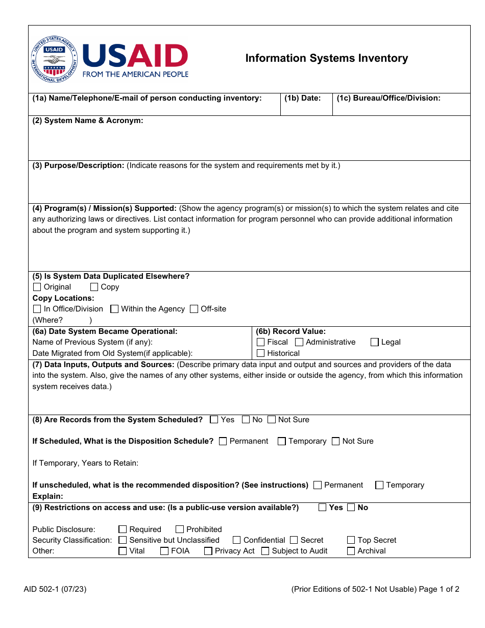 Form AID502-1 Information Systems Inventory, Page 1