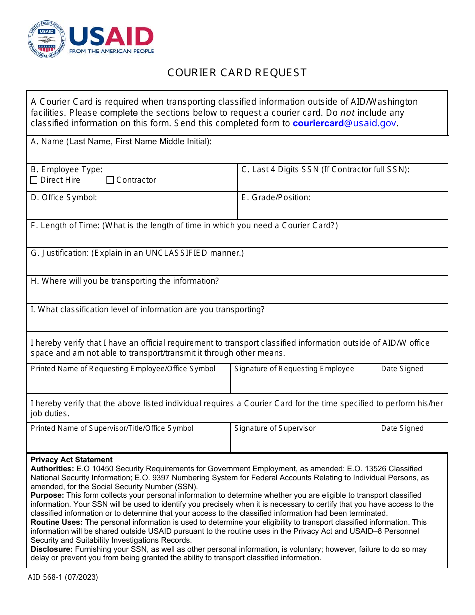 Form AID568-1 Courier Card Request, Page 1