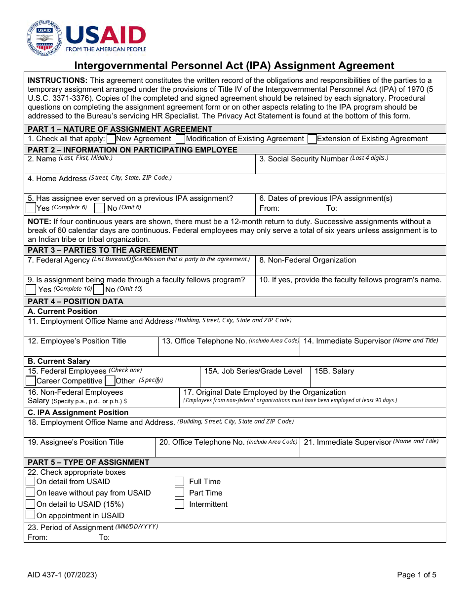 Form AID437-1 Intergovernmental Personnel Act (Ipa) Assignment Agreement, Page 1