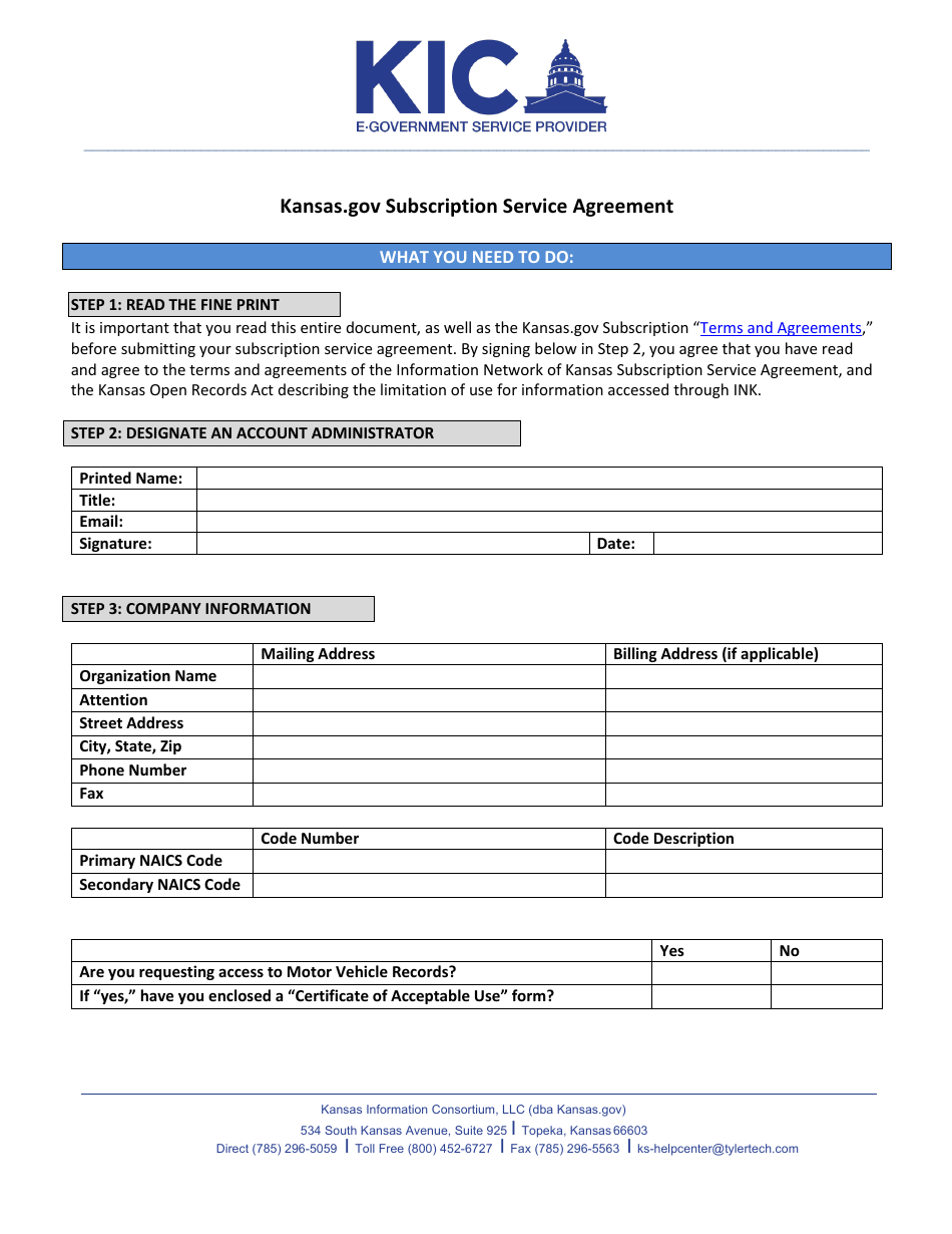Egovernment Services Subscription Service Agreement - Kansas, Page 1